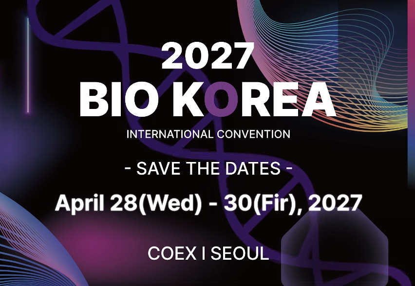 BIO KOREA 2027 International Convention save-the-date graphic for 28–30 April at COEX in Seoul