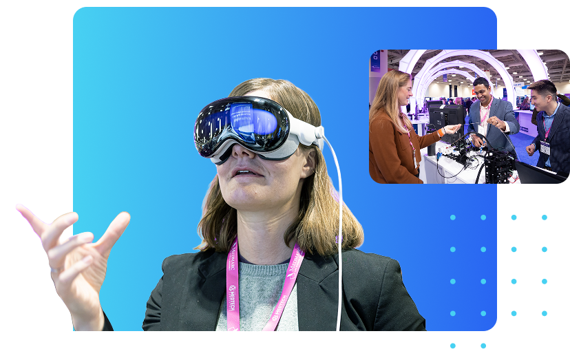 An attendee trying an augmented-reality headset beside an exhibit demonstration at The MedTech Conference